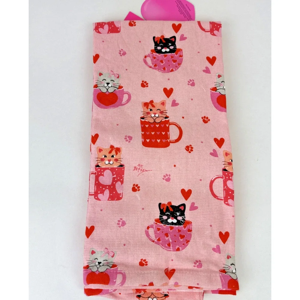 Betsey Johnson kitchen towels cats hearts pink orange valentines 100% cotton new